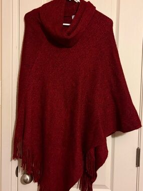 Chico's Deep Red Knit Poncho with Cowl Neck and Fringe